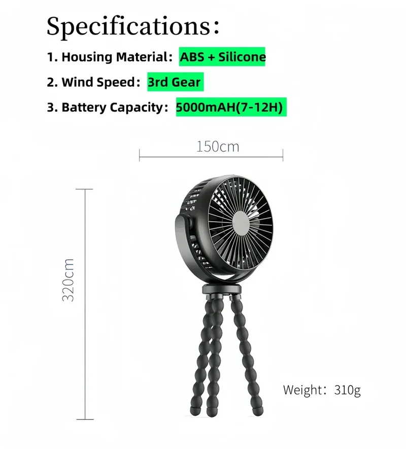 Mini Portable Stroller Fan,3 Speed Rechargeable,360° Rotate Flexible Tripod Better Cooling for Car Seat Crib Treadmill 5000mAh