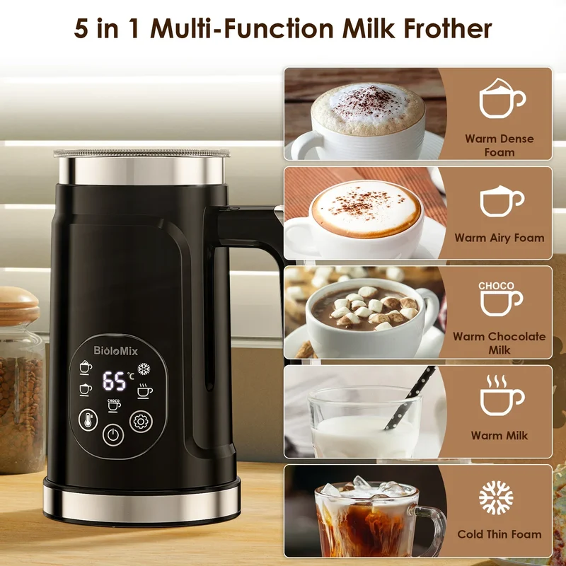 BioloMix 5-in-1 Milk Frother with Upgraded LED Display Touch Screen - Hot And Cold Foam Maker Milk Warmer for Coffee Latte