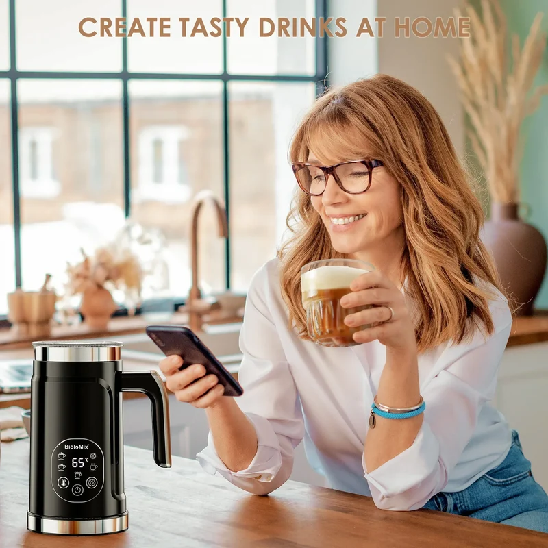 BioloMix 5-in-1 Milk Frother with Upgraded LED Display Touch Screen - Hot And Cold Foam Maker Milk Warmer for Coffee Latte