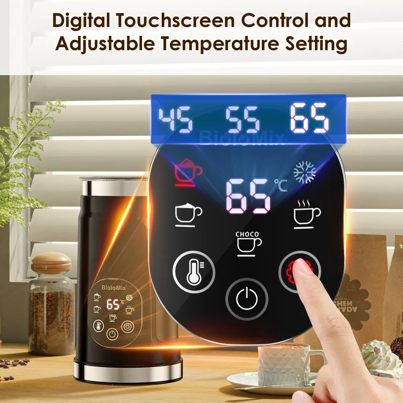 BioloMix 5-in-1 Milk Frother with Upgraded LED Display Touch Screen - Hot And Cold Foam Maker Milk Warmer for Coffee Latte