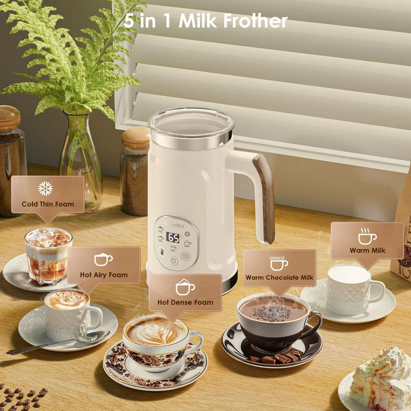 BioloMix 5-in-1 Milk Frother with Upgraded LED Display Touch Screen - Hot And Cold Foam Maker Milk Warmer for Coffee Latte