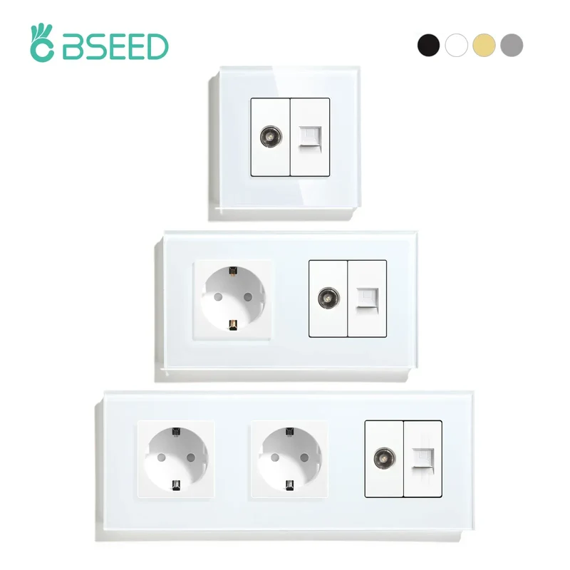 BSEED Single TV CAT5 Internet Socket Double EU Power Socket Triple Germany With RJ45 Television Wall Sockets Glass Frame