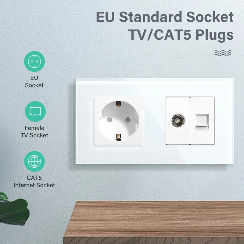 BSEED Single TV CAT5 Internet Socket Double EU Power Socket Triple Germany With RJ45 Television Wall Sockets Glass Frame