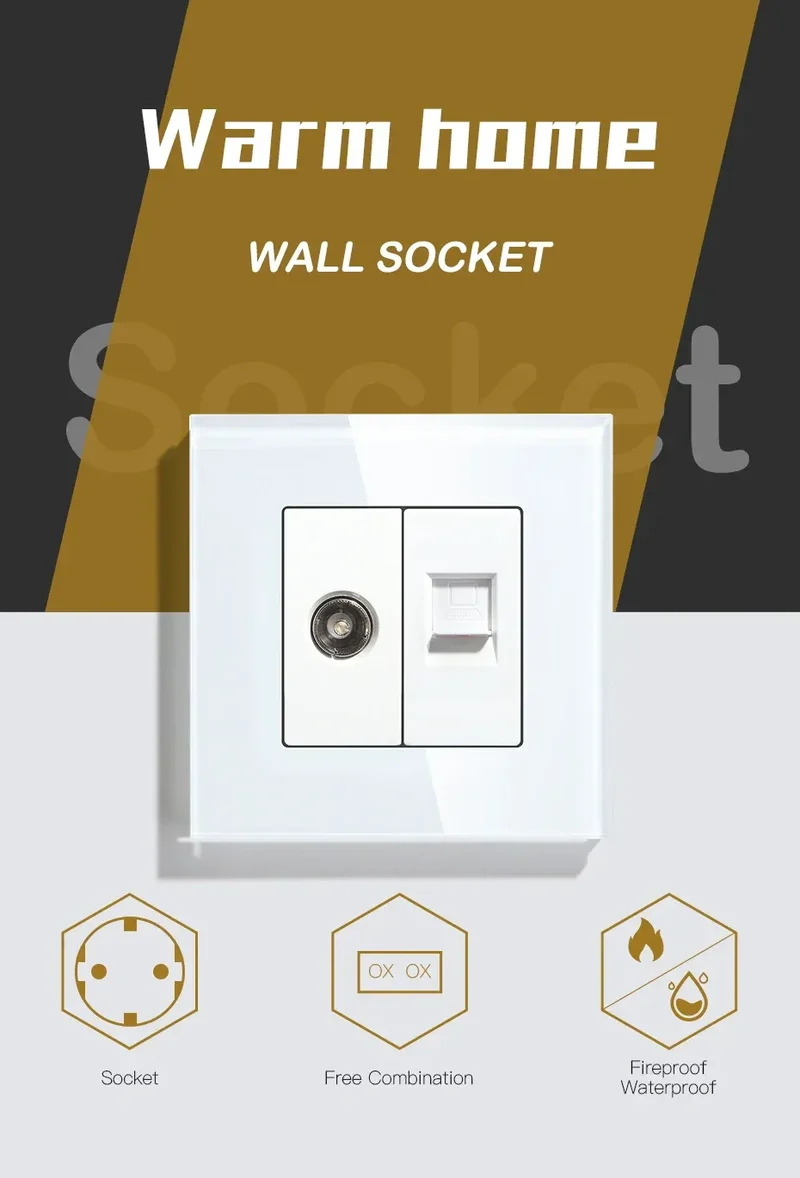 BSEED Single TV CAT5 Internet Socket Double EU Power Socket Triple Germany With RJ45 Television Wall Sockets Glass Frame