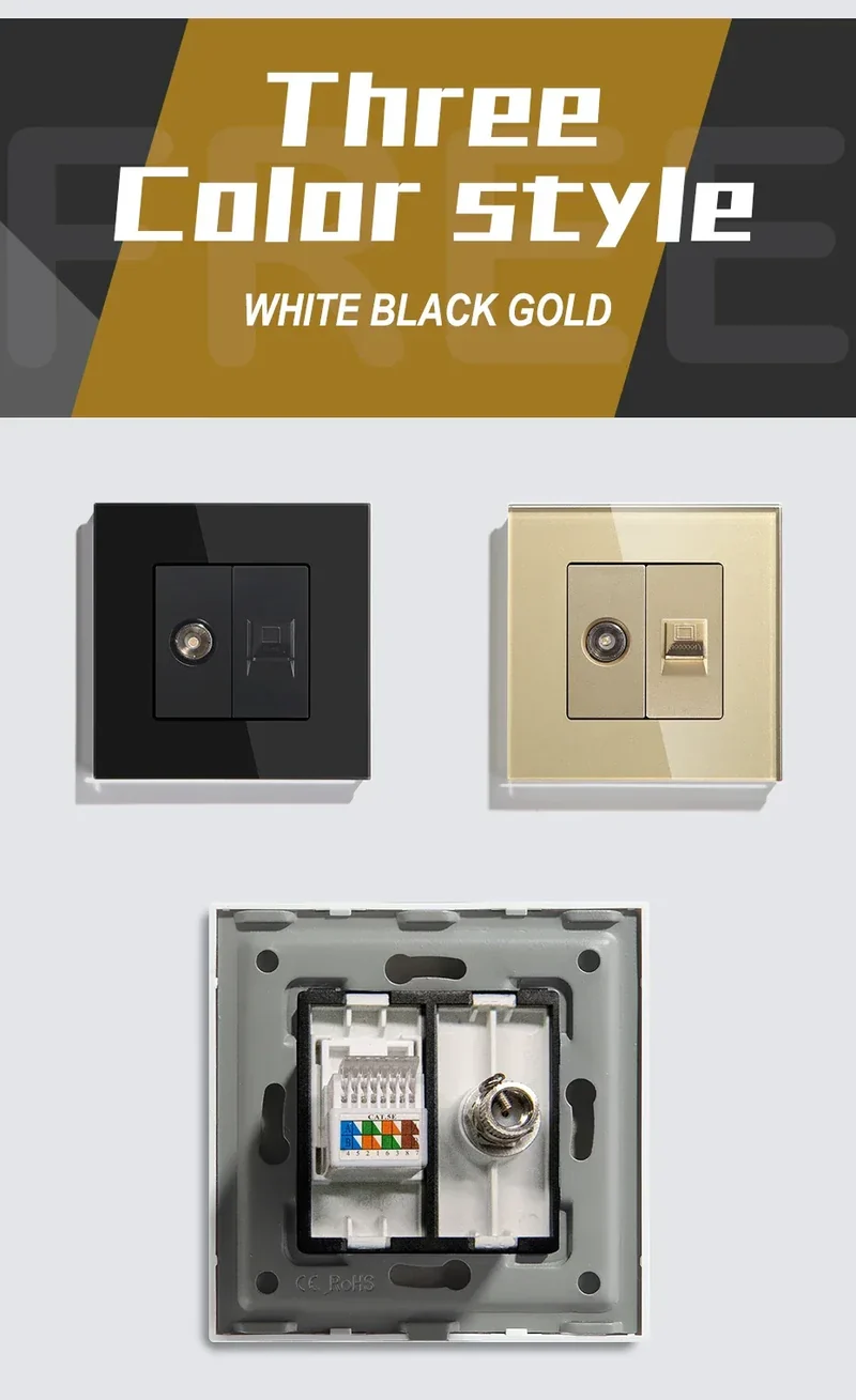 BSEED Single TV CAT5 Internet Socket Double EU Power Socket Triple Germany With RJ45 Television Wall Sockets Glass Frame