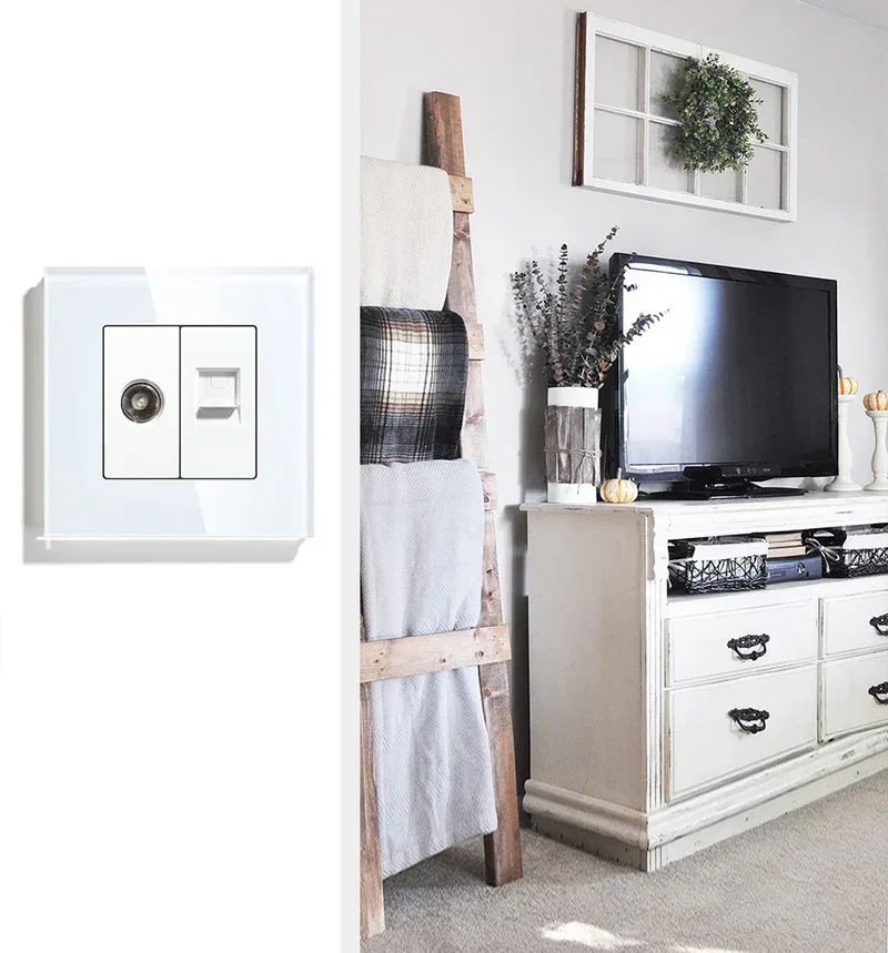 BSEED Single TV CAT5 Internet Socket Double EU Power Socket Triple Germany With RJ45 Television Wall Sockets Glass Frame