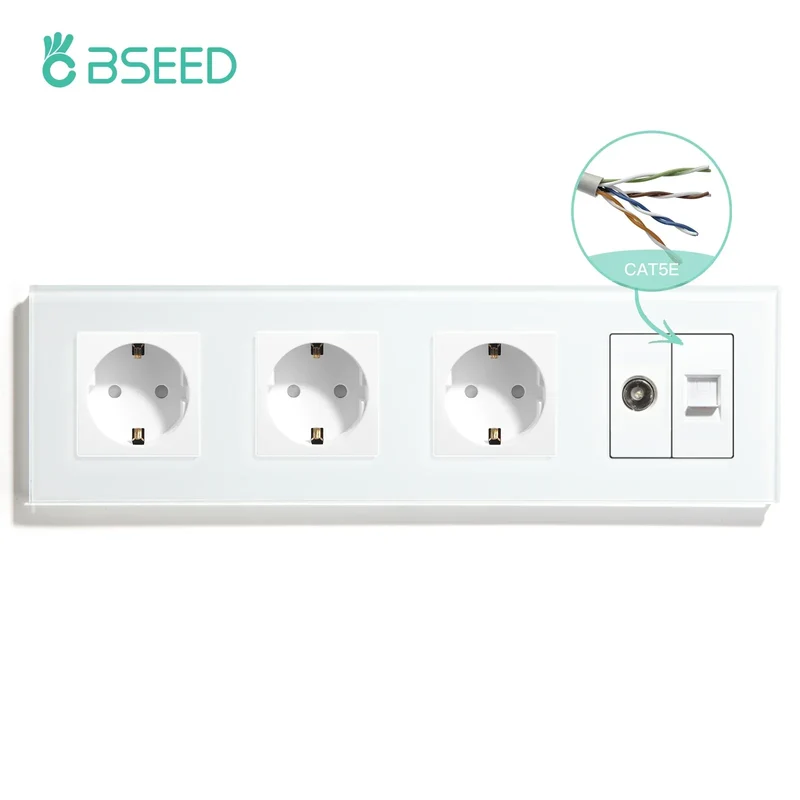 BSEED Single TV CAT5 Internet Socket Double EU Power Socket Triple Germany With RJ45 Television Wall Sockets Glass Frame