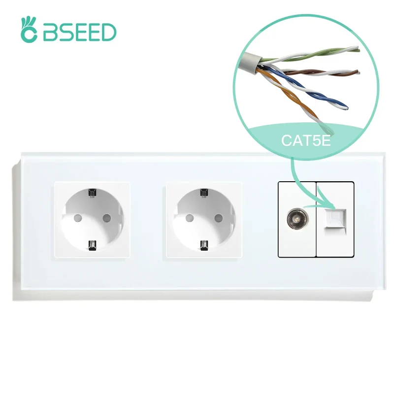 BSEED Single TV CAT5 Internet Socket Double EU Power Socket Triple Germany With RJ45 Television Wall Sockets Glass Frame
