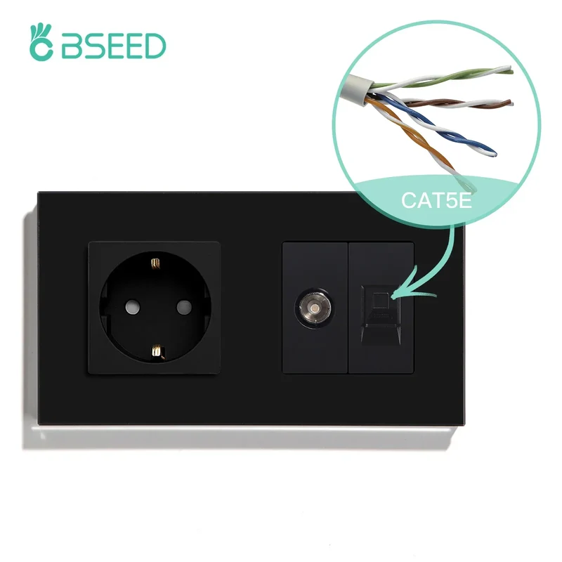 BSEED Single TV CAT5 Internet Socket Double EU Power Socket Triple Germany With RJ45 Television Wall Sockets Glass Frame