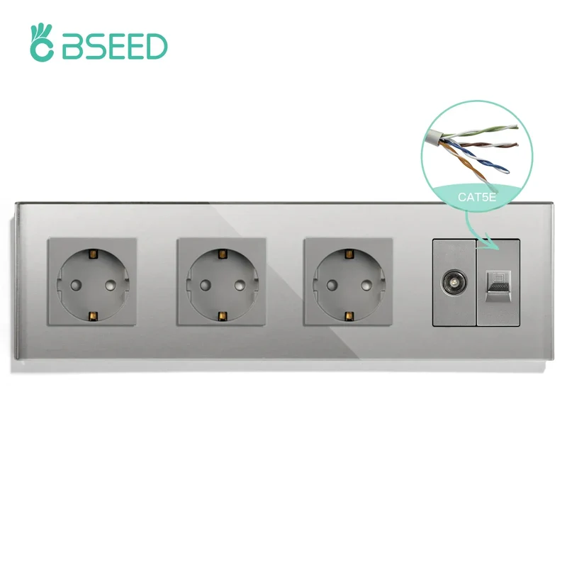 BSEED Single TV CAT5 Internet Socket Double EU Power Socket Triple Germany With RJ45 Television Wall Sockets Glass Frame