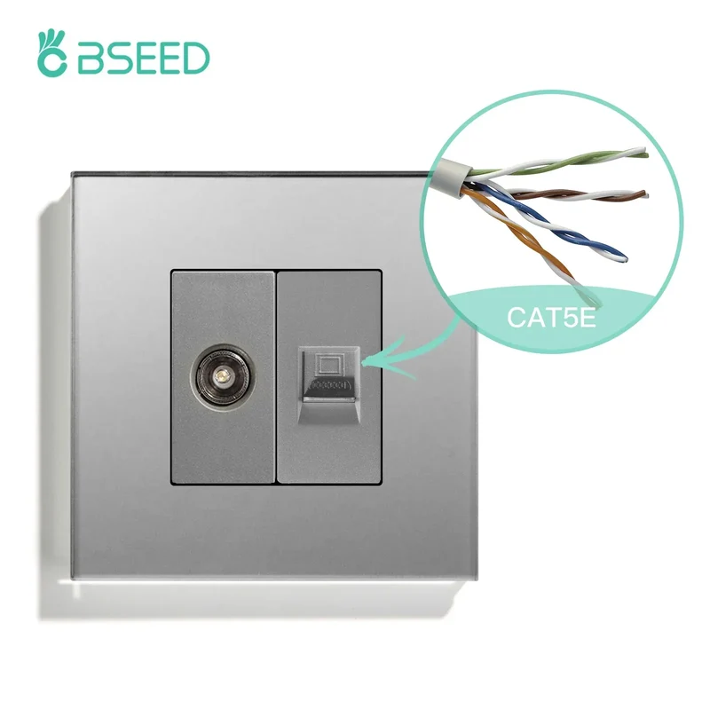 BSEED Single TV CAT5 Internet Socket Double EU Power Socket Triple Germany With RJ45 Television Wall Sockets Glass Frame