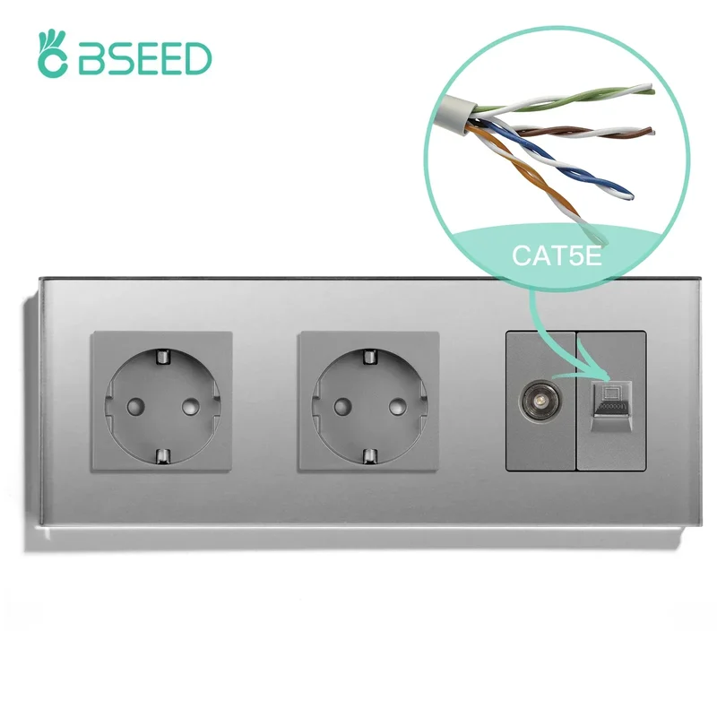 BSEED Single TV CAT5 Internet Socket Double EU Power Socket Triple Germany With RJ45 Television Wall Sockets Glass Frame