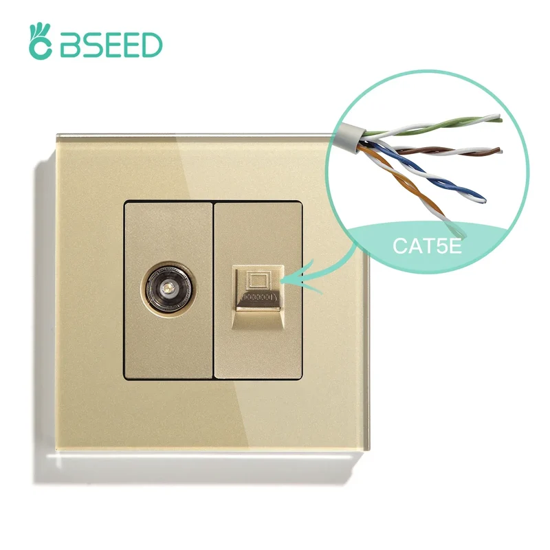 BSEED Single TV CAT5 Internet Socket Double EU Power Socket Triple Germany With RJ45 Television Wall Sockets Glass Frame