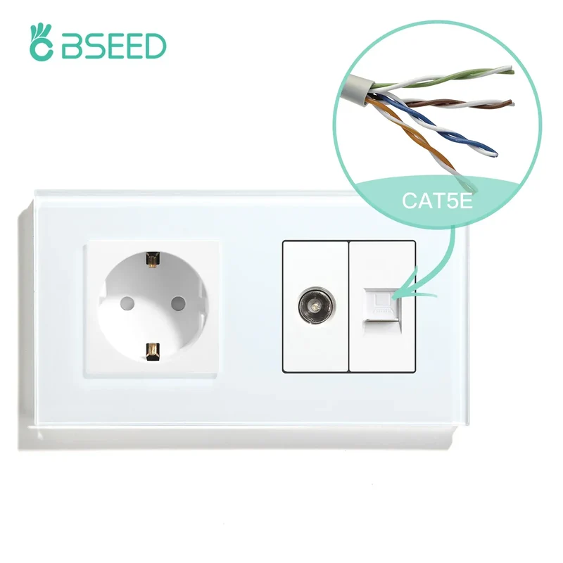 BSEED Single TV CAT5 Internet Socket Double EU Power Socket Triple Germany With RJ45 Television Wall Sockets Glass Frame