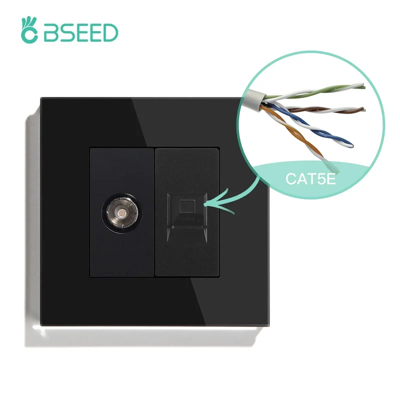 BSEED Single TV CAT5 Internet Socket Double EU Power Socket Triple Germany With RJ45 Television Wall Sockets Glass Frame