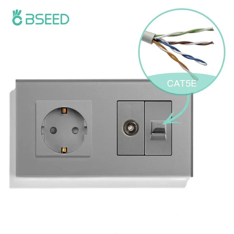 BSEED Single TV CAT5 Internet Socket Double EU Power Socket Triple Germany With RJ45 Television Wall Sockets Glass Frame