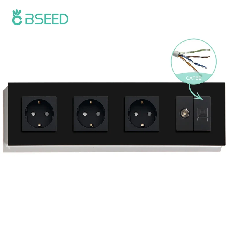 BSEED Single TV CAT5 Internet Socket Double EU Power Socket Triple Germany With RJ45 Television Wall Sockets Glass Frame