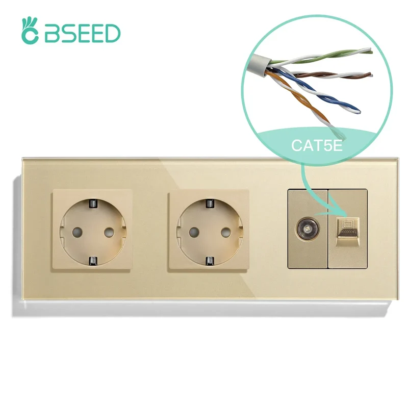 BSEED Single TV CAT5 Internet Socket Double EU Power Socket Triple Germany With RJ45 Television Wall Sockets Glass Frame
