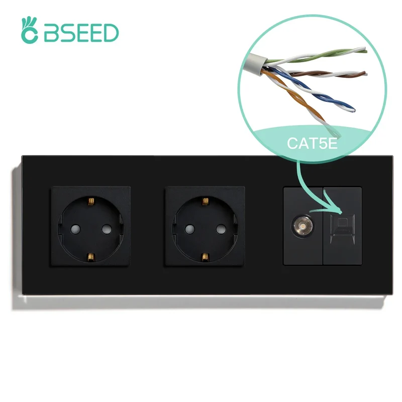 BSEED Single TV CAT5 Internet Socket Double EU Power Socket Triple Germany With RJ45 Television Wall Sockets Glass Frame