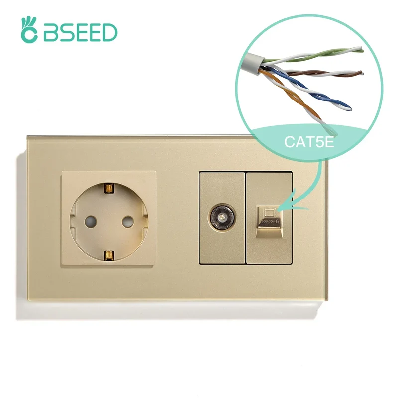 BSEED Single TV CAT5 Internet Socket Double EU Power Socket Triple Germany With RJ45 Television Wall Sockets Glass Frame