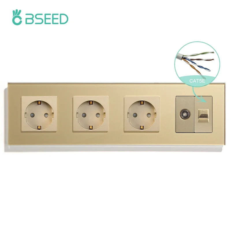BSEED Single TV CAT5 Internet Socket Double EU Power Socket Triple Germany With RJ45 Television Wall Sockets Glass Frame