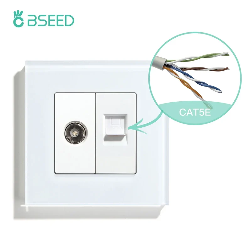 BSEED Single TV CAT5 Internet Socket Double EU Power Socket Triple Germany With RJ45 Television Wall Sockets Glass Frame