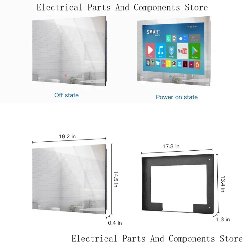 Go Haocrown 19 Inch Touchscreen Mirror TV Bathroom, IP66 Waterproof Android Television Built-In Wi-Fi ATSC Tuner -- US
