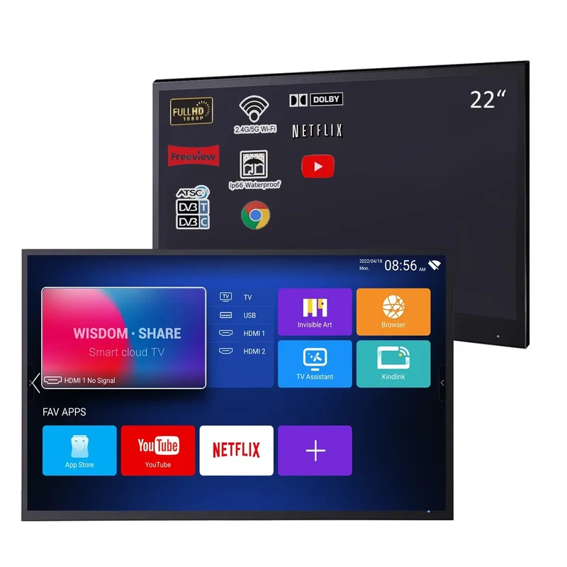 Souria 22.1 inches Smart Black Color Waterproof Bathroom LED TV for Luxury Hotel SPA Kitchen TV Bluetooth Android New