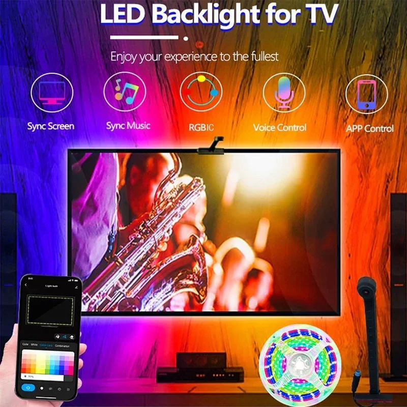 New PC/TV SYNC Backlight RGBIC LED Strip Lights with Color Capture Bluetooth Music SYNC USB Light Strip for Movie Game Atmospher