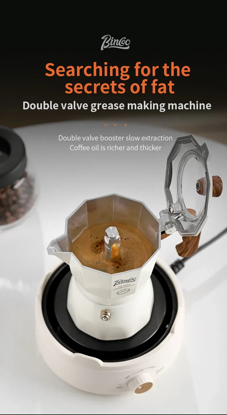 Bincoo Dual Valve Moka Pot Espresso Maker Mocha Pot Brewed Coffee Pot 220V Electric Stove Concentrated Extraction Barista Tools