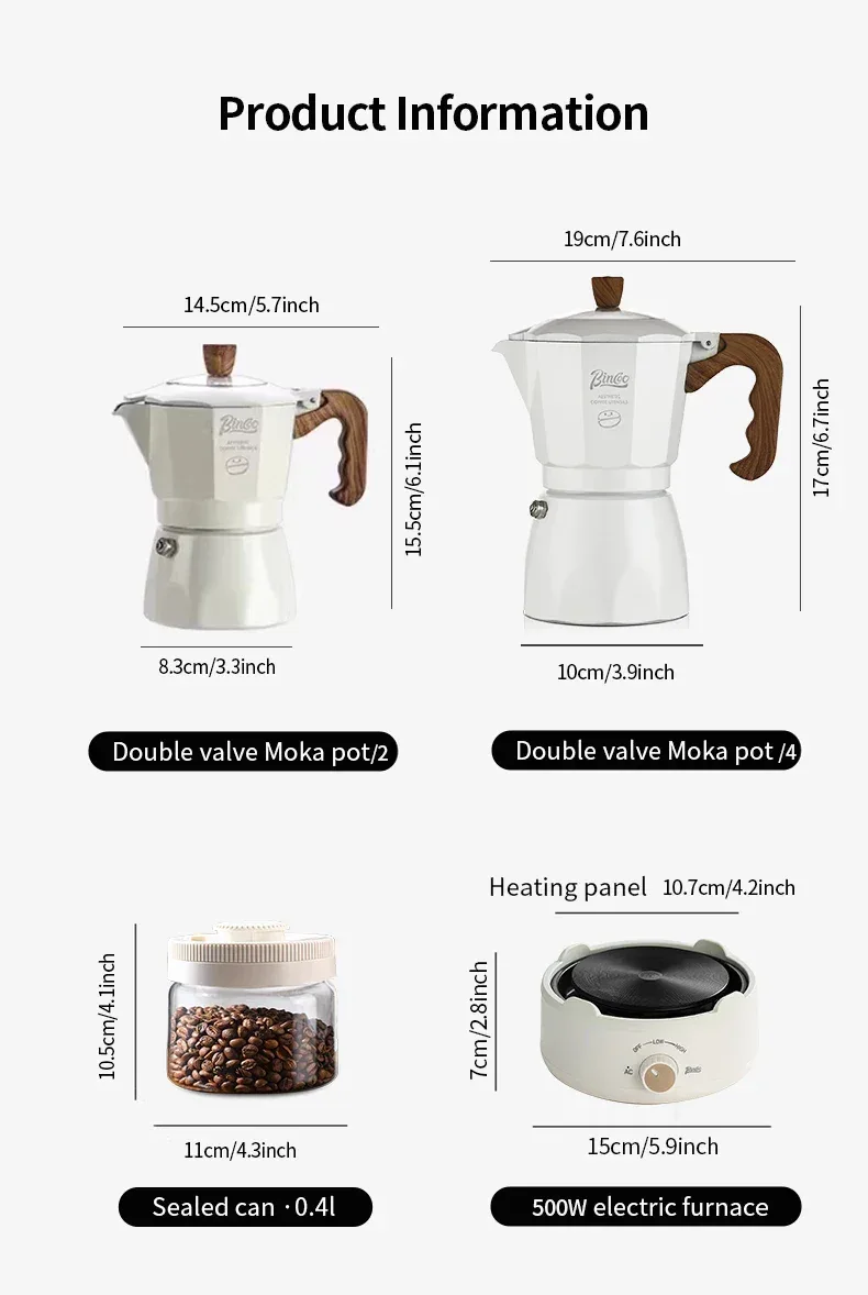 Bincoo Dual Valve Moka Pot Espresso Maker Mocha Pot Brewed Coffee Pot 220V Electric Stove Concentrated Extraction Barista Tools