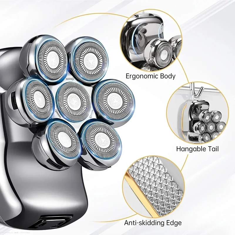 Men's Electric Head Shaver Razor Rechargeable Cordless Hair Shaving Razors for Bald Man 6 in 1 Waterproof Wet Dry Beard Trimmer