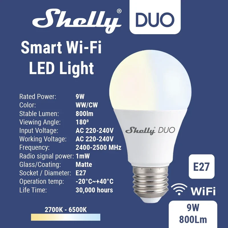 Shelly Duo Rgbw/White 9W WiFi Smart Light LED Bulb Work with Alexa/Google Home 220-240V Dimmable Timer Function Magic Bulb
