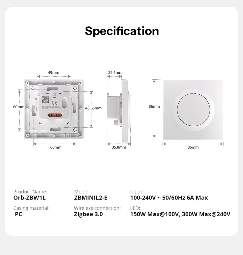 SONOFF Orb-ZBW1L Zigbee Smart Wall Switch Fusion Series ZBMINIL2-E No Neutral Required Seamless Integration With Home Assistant
