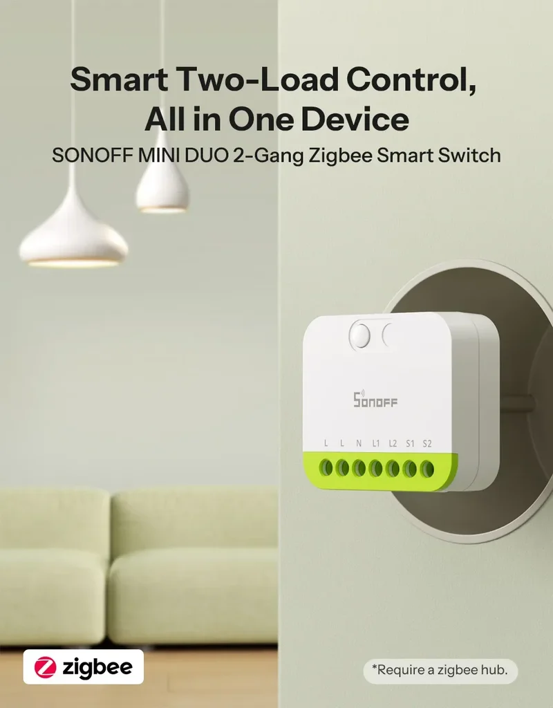 SONOFF MINI DUO 2-Gang Zigbee Smart Switch MINI-ZB2GS Small & Safe Dual-Load Control Supports External Switch Require zigbee hub