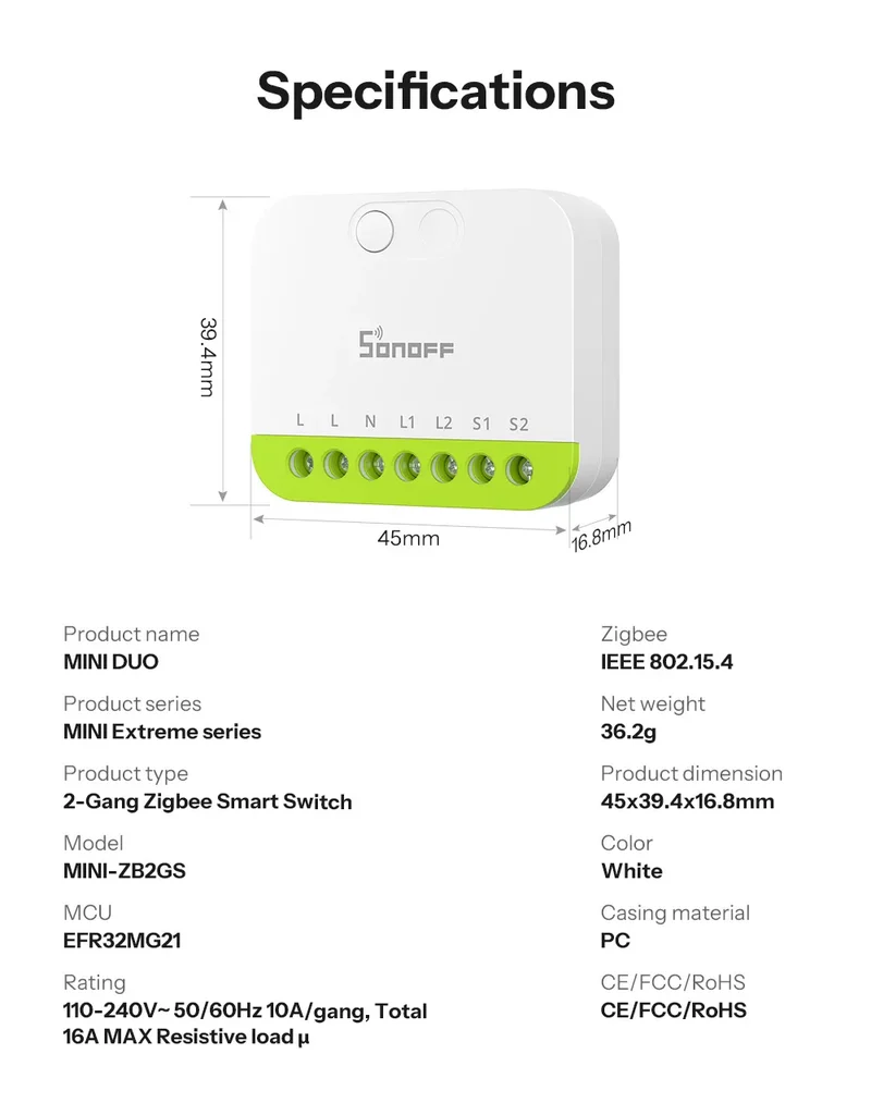 SONOFF MINI DUO 2-Gang Zigbee Smart Switch MINI-ZB2GS Small & Safe Dual-Load Control Supports External Switch Require zigbee hub