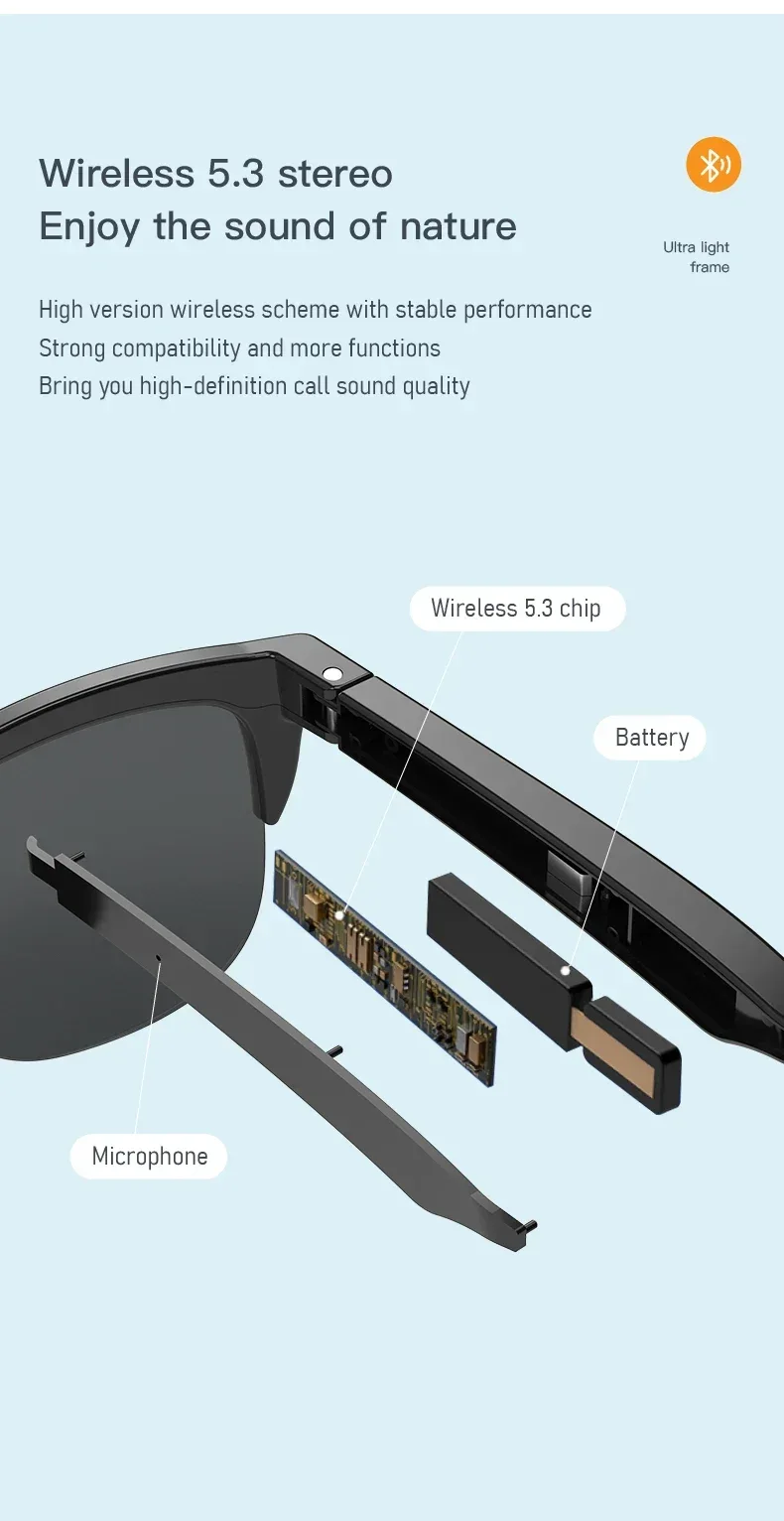 New Smart Bluetooth V5.3 Sunglasses Glasses Call Outdoor Sports Headphones HIFI Black Technology Anti-touch UV For Men And Women