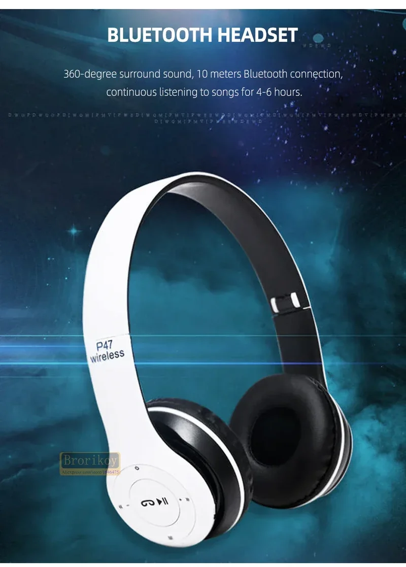 P47 Wireless Headphones Bluetooth 5.0 Earphones Foldable HIFI Stereo Bass for Music Gaming Kid Girl Earphone for iPhone XiaoMi