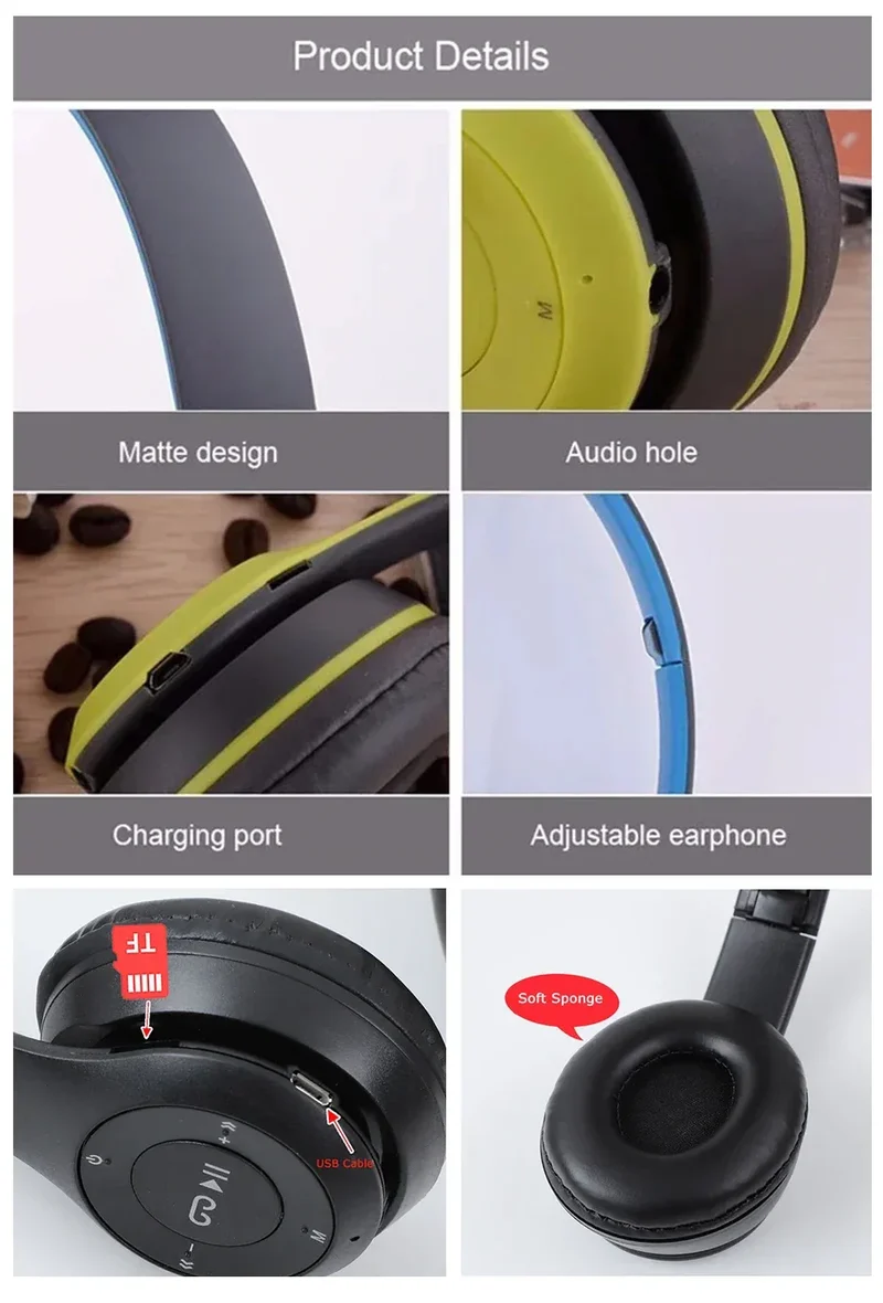 P47 Wireless Headphones Bluetooth 5.0 Earphones Foldable HIFI Stereo Bass for Music Gaming Kid Girl Earphone for iPhone XiaoMi