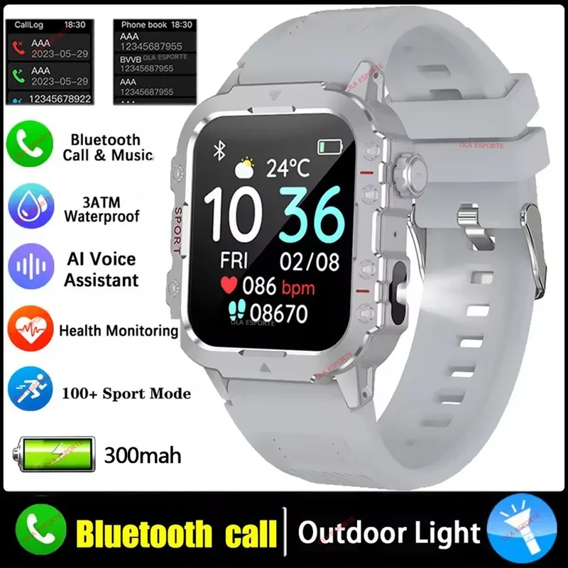 2026 Rugged Military Smart Watch Men's Outdoor Watch LED Flashlight 2.01'' HD Touch Screen Voice Bluetooth Call Smartwatch Gifts