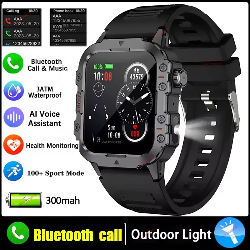 2026 Rugged Military Smart Watch Men's Outdoor Watch LED Flashlight 2.01'' HD Touch Screen Voice Bluetooth Call Smartwatch Gifts