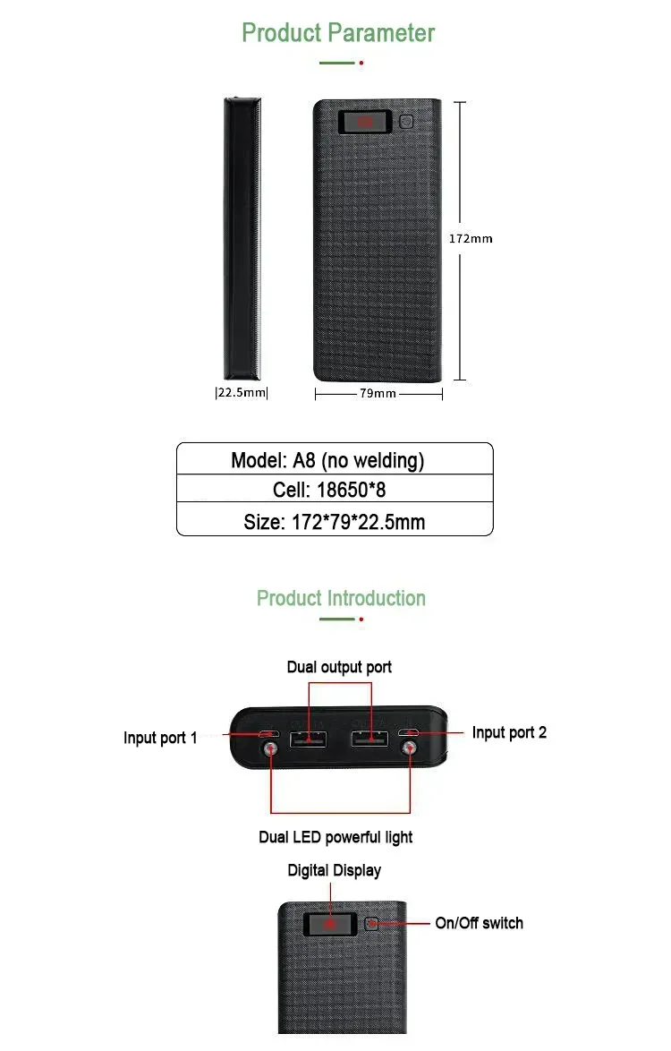 Dual USB Power Bank Battery Box Case 8*18650 LED DIY Shell Case Charging Storage Battery Holder Mobile Phone Charger For Xiaomi