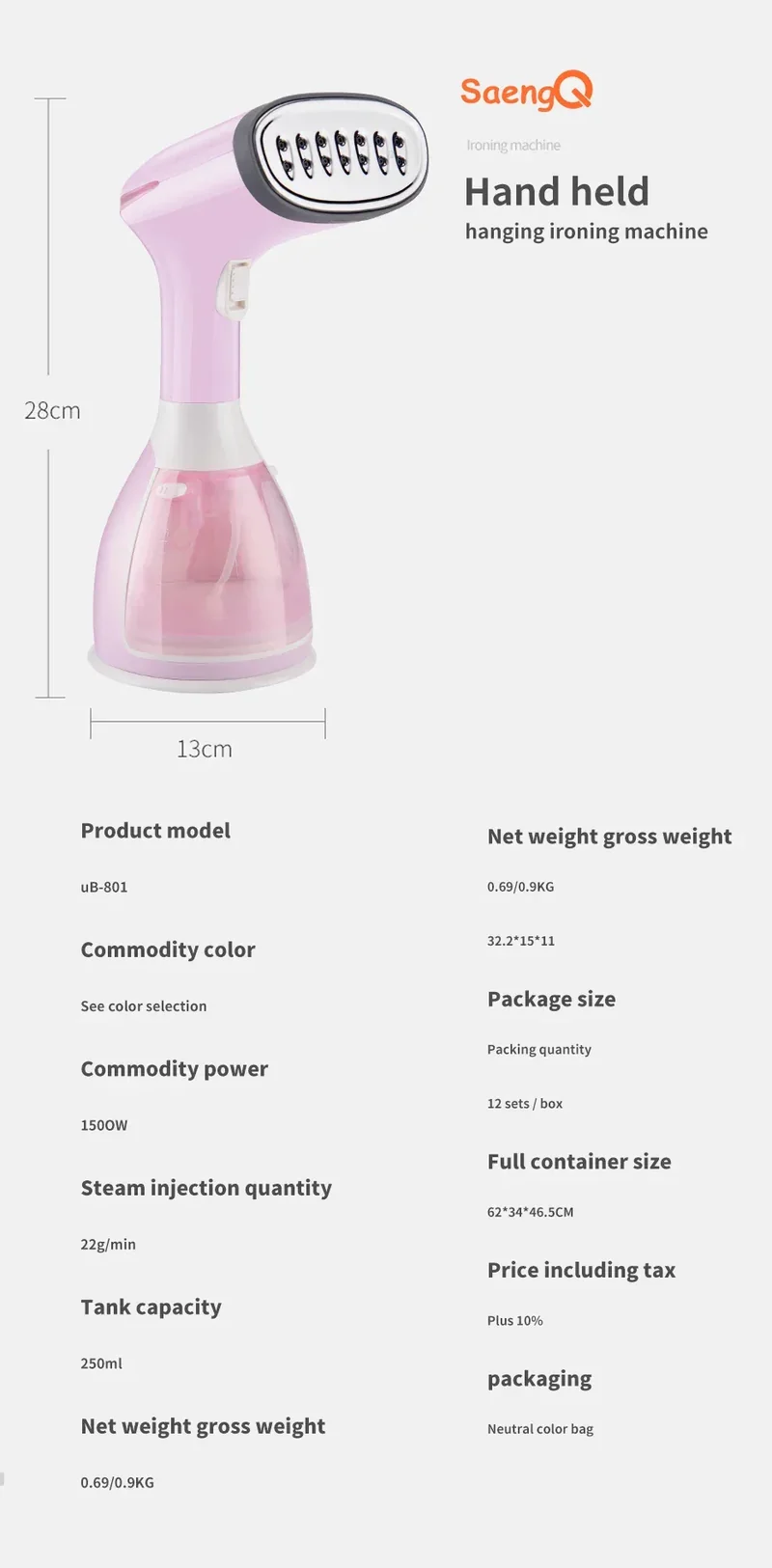 saengQ Handheld Garment Steamer 1500W Electric Household Fabric Steam Iron 280ml Portable Vertical Fast-Heat For Clothes Ironing