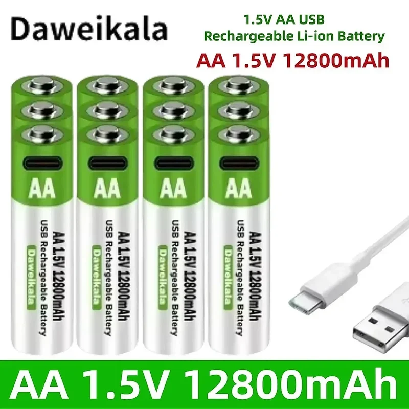 2025 New AA 1.5V USB Rechargeable Li-ion Battery 12800mAh Battery W/Type-C Cable for Toy Remote Control Mouse Electric Battery