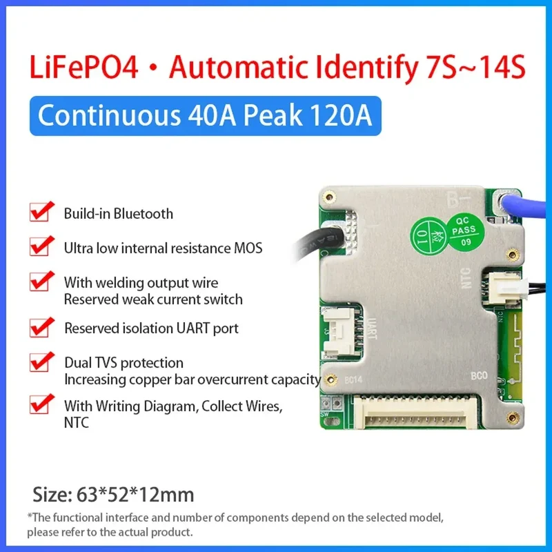 JBD BMS Auto-Identify 7S 8S 10S 12S 13S 14S 20A 30A 40A 50A LiFePo4 Smart BMS 24V 36V 48V Battery Management System for E-Bike
