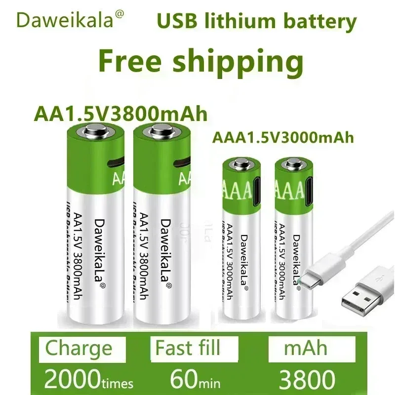 Daweikala rechargeable lithium battery, toy flashlight, MP3 player, 1.5V, AA, 3800mAh/AAA, 3000mAh