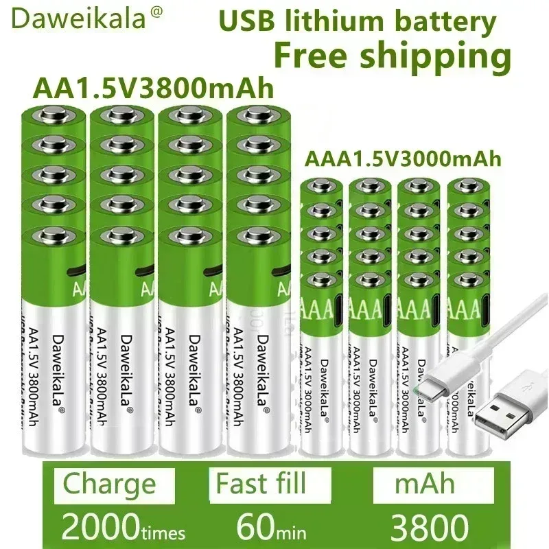 Daweikala rechargeable lithium battery, toy flashlight, MP3 player, 1.5V, AA, 3800mAh/AAA, 3000mAh