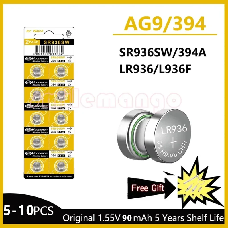 5-10PCS 1.55V AG9 50mAh Button Cell LR936 394 SR936SW CX194 LR45 G9A 194 394A SR936 L936F Cell Coin Watch Toys Remote Battery