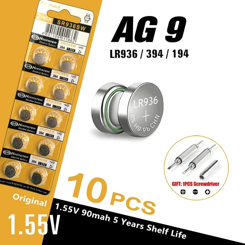 5-10PCS 1.55V AG9 50mAh Button Cell LR936 394 SR936SW CX194 LR45 G9A 194 394A SR936 L936F Cell Coin Watch Toys Remote Battery
