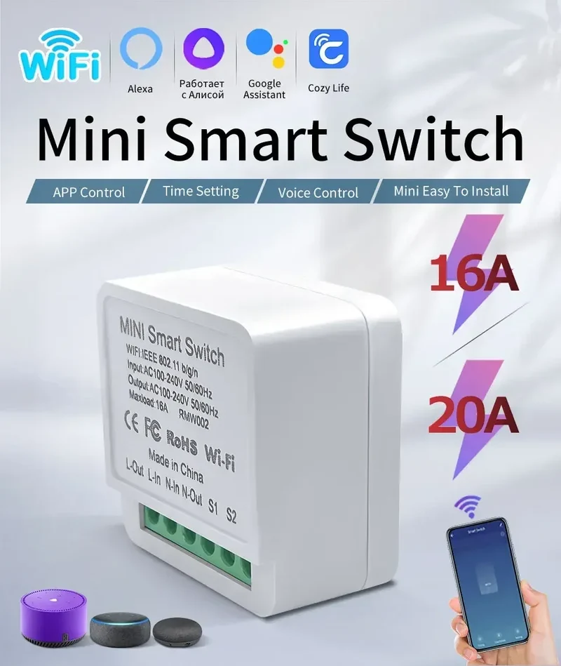 20A 16A Smart WiFi Switch DIY Automation Module 2-way Control CozyLife APP Remote Control Alexa Google Home Voice Control